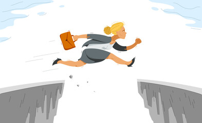 Businesswoman jumps through gap, business risk concept vector illustration, woman employee worker leap over obstacle, career problems, bold to success.