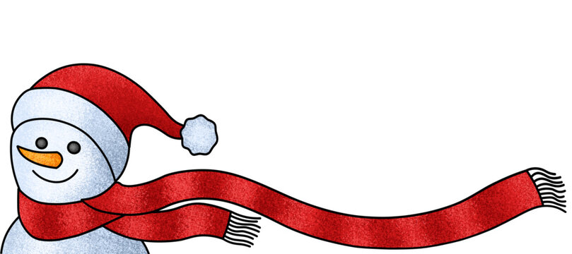 Snowman in a long red scarf. Ney Year vector. Christmas motives. Cartoon illustration. Winter mood. Hand drawned
