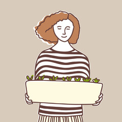Girl holding a container with seedlings. Vector illustration. Line art. Spring Postcard design for a flower shop, Greenhouse or garden center - 483120078