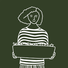 Girl holding a container with seedlings. Line art. Spring Postcard design for a flower shop, Greenhouse or garden center - 483120086