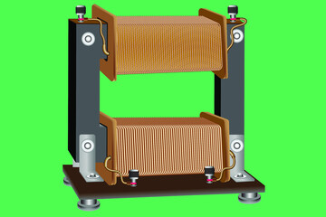 Transformer for lowering voltage, laboratory. It has two coils with different conductor thicknesses on them.
