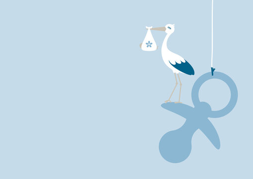 Hintergrund Storch Mit Baby Junge Auf Rechts H&auml;ngendem Schnuller Retroblau