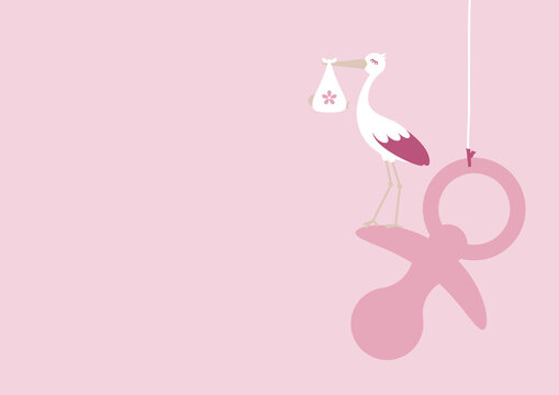 Hintergrund Storch Mit Baby M&auml;dchen Auf Rechts H&auml;ngendem Schnuller Rosa