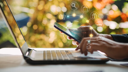 Businessman with mobile smartphone in hand paying online and shopping on virtual interface global network, online banking and digital marketing.
