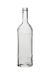 Transparent glass bottle. Isolated on a white background, close-up