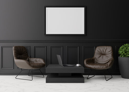 Empty horizontal picture frame on black wall in modern living room. Mock up interior in classic style. Free space, copy space for your picture. Brown leather armchairs, table, plant. 3D rendering.
