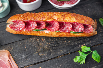 sandwich sausage slice fast food fresh portion dietary healthy meal food diet still life snack on the table copy space food background rustic top view