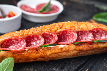 sandwich sausage slice fast food fresh portion dietary healthy meal food diet still life snack on the table copy space food background rustic top view