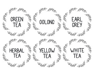 Black white vector tea 6 labels or stickers. Round botanical frame for each sticker. Labels, stickers, craft decals, floral frame and tea name: green, white, yellow, herbal tea, oolong and earl grey.