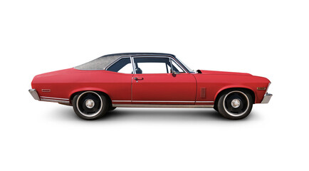 Fototapeta na wymiar Classic Red Muscle Car Isolated on White. All Logos Removed.
