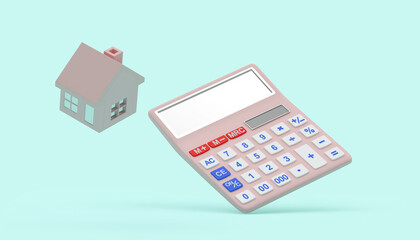 Pink calculator with house icon. 3D illustration 