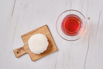 Overhead view of sweet dessert mochi with coconut chips