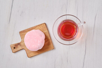 Overhead view of sweet dessert mochi with strawberry