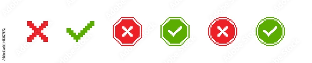 Poster pixel cross and check mark icon set. 8 bit retro button. vector isolated
