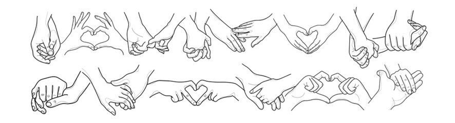 Vector set of human hands of couple in love or friends, lgbt. Heart shaped hands. Holding hands. Graphic lines design. Individual elements.