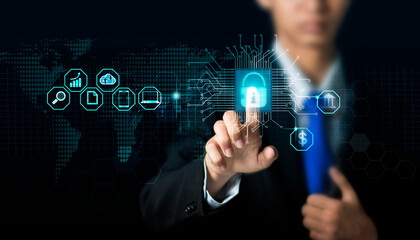 Man holding padlock and pointing finger at padlock with padlock. Businessman connecting padlock on devices. Cybersecurity service and antivirus concept. Modern simplified information chip concept.