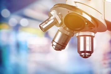 New modern microscope. Medicine research concept. History of biology, alchemy, vaccination.