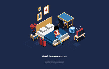 Vector Illustration. Cartoon 3D Style With Character. Isometric Composition On Hotel Accommodation Concept. Woman Sitting On Bed With Phone. Room Indoors Look, Interior Objects. House Business Ideas