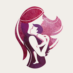 mom and child vector illustration in watercolor style, stylized logo or emblem template