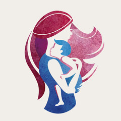 mom and child vector illustration in watercolor style, stylized logo or emblem template