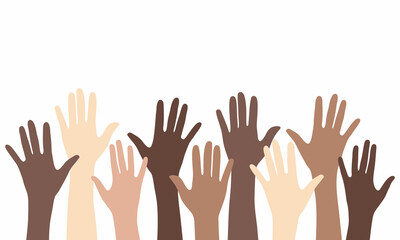 Raised up hands of people with different skin colors.  Vector illustration