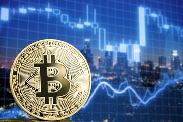 Bitcoin and bitcoin chart. Cryptocurrency trading graphic. Finance management concept.