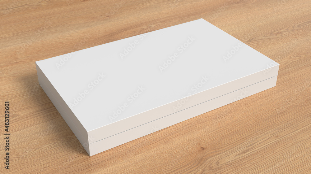 Wall mural Flat box mock up: White gift box on wooden background. Side view.