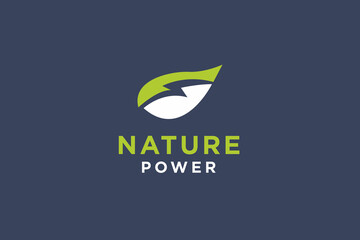 Leaf with thunder bolt for nature energy logo design vector illustration.