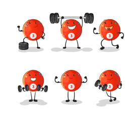 red billiard ball exercise set character. cartoon mascot vector