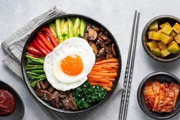  Bibimbap, traditional korean dish, top view