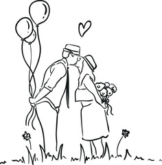design vector one line art illustration of women and men in romantic day and celebration of love