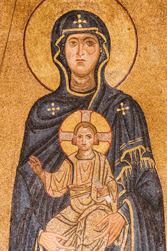 Martvili Canyon, Georgia - September 15, 2017: Golden Mosaic With Image Of Our Lady With Child In Gelati Monastery.