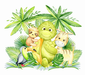 Zebra, turtle, toucan, sloth, tropical, leaves and palm trees. Watercolor animals, in cartoon style, on an isolated background