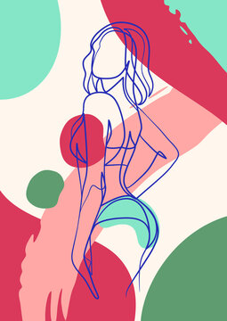 Continuous one line art poster of woman body in bikini