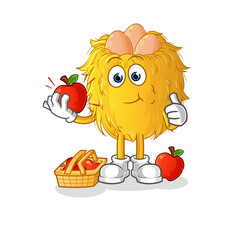 bird nest eating an apple illustration. character vector