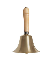 Golden school bell with wooden handle isolated on white