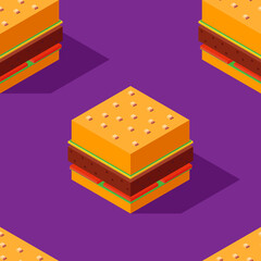 Seamless pattern of stylized cubic burgers on purple background. Retro design concept, Clipping mask used.