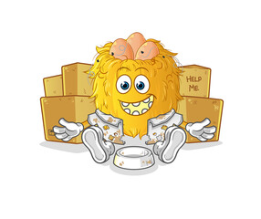bird nest homeless character. cartoon mascot vector