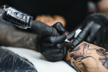 Fototapeta na wymiar Tattoo salon. The tattoo master is tattooing a man. Tattoo machine, safety and hygiene at work. Close-up, tinted, tattooist.