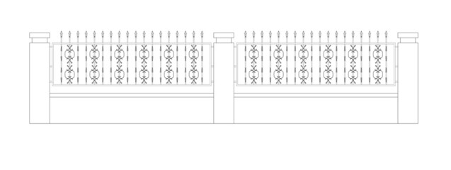 2 section of 2D decorative fencing drawing. Created using the CAD design. Drawing in black and white.
