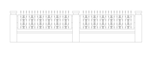 2 section of 2D decorative fencing drawing. Created using the CAD design. Drawing in black and white.