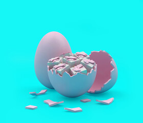 Whole and broken egg with Easter gifts. 3D illustration 