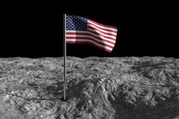 American flag on moon. Lunar colonization concept.