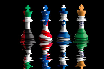 india, israel, us and United Arab Emirates flags paint over on chess king. 3D illustration. 2nd quad group