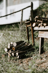 Ingredients for dough making, in old copper bowls and on the old wooden table, rustic style