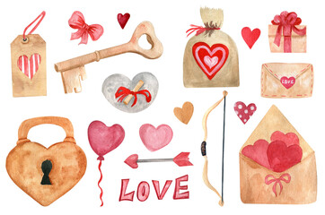 Set of watercolor illustrations for Valentine's day