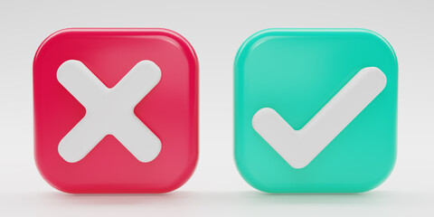 3D render Checkmark and X mark icon set. Checkmark right symbol, tick sign. check and uncheck for web and mobile apps. 3D rendering illustration.