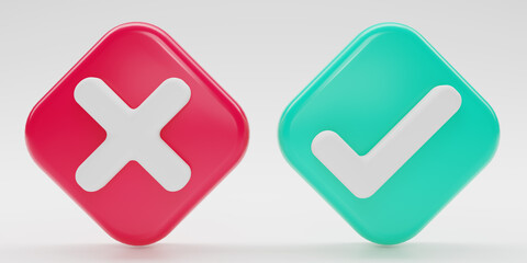 3D render Checkmark and X mark icon set. Checkmark right symbol, tick sign. check and uncheck for web and mobile apps. 3D rendering illustration.