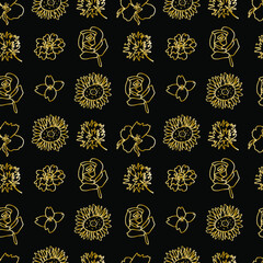 Vector seamless pattern with gold wildflowers on black background in doodle.Textural,botanical,summer print in hand dr style.Design for fabric, wrapping paper ,packaging, textiles, wallpaper.