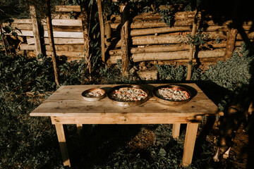 High angle view of homemade pizza on table, home made pizza